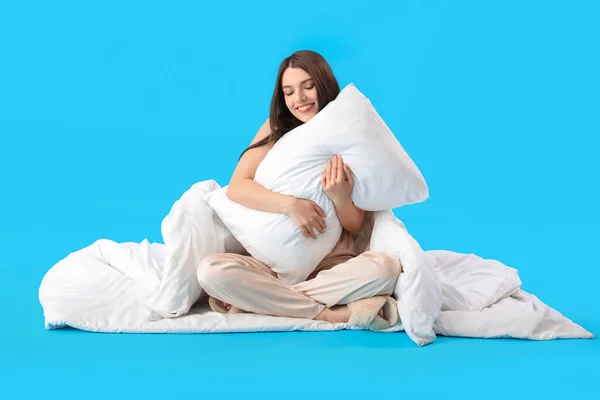 Young Woman Soft Pillow Blanket Blue Background — Stock Photo, Image