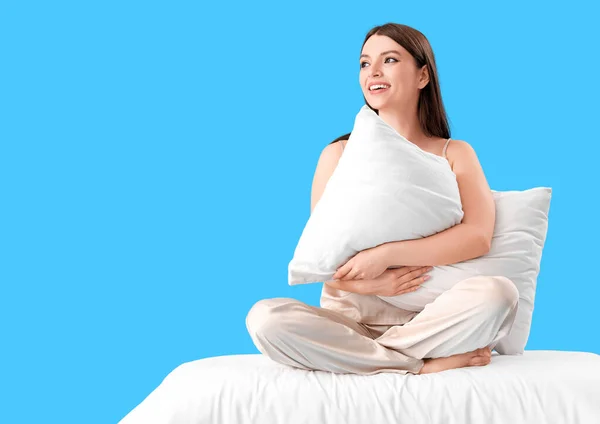 Young Woman Soft Pillow Blanket Blue Background — Stock Photo, Image