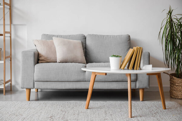 Interior of living room with sofa, houseplants and stylish holder for books on coffee table