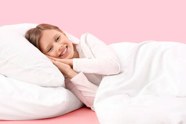 Little Girl Pillow Blanket Pink Background — Stock Photo, Image