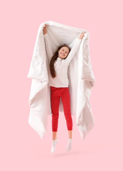 Jumping Little Girl Blanket Pink Background — Stock Photo, Image