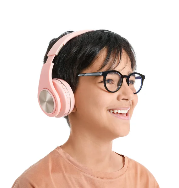 Little Boy Headphones White Background Closeup — Stock Photo, Image