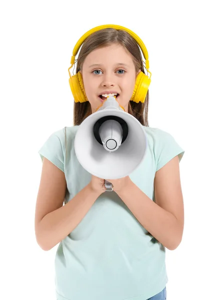 Kislány Fejhallgató Megafon Fehér Háttér — Stock Fotó