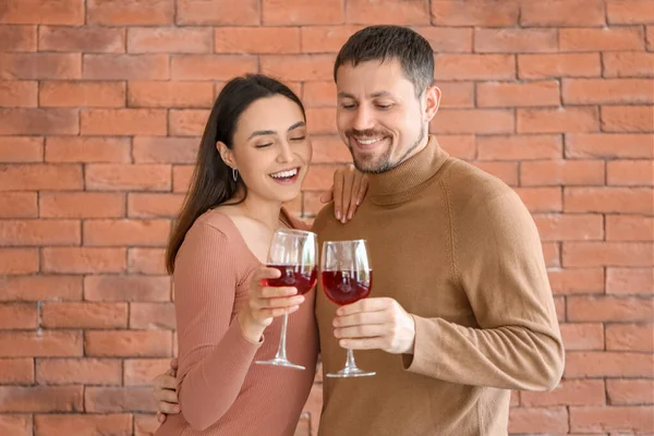 Happy Young Couple Drinking Wine Kitchen — Stock Photo, Image
