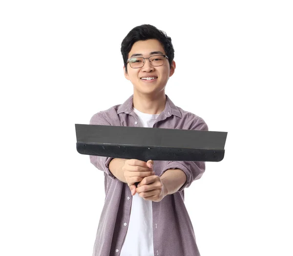 Junger Asiatischer Mann Mit Knetmesser Auf Weißem Hintergrund — Stockfoto