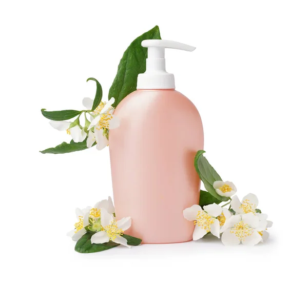 Μπουκάλι Καλλυντικό Προϊόν Όμορφα Λουλούδια Γιασεμί Λευκό Φόντο — Φωτογραφία Αρχείου