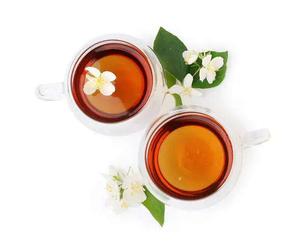 Glass Cups Tea Beautiful Jasmine Flowers White Background — Stock Photo, Image