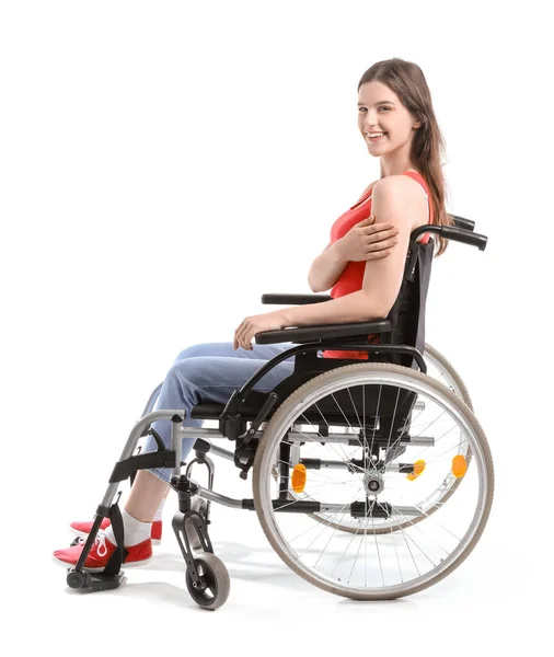 Молодая Женщина Инвалидной Коляске Белом Фоне — стоковое фото