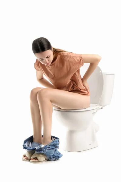 Young Woman Suffering Cystitis Toilet Bowl White Background — Stock Photo, Image
