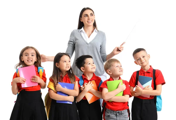 Małe Dzieci Szkole Nauczycielką Białym Tle — Zdjęcie stockowe