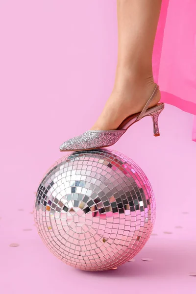 Fashionable Woman Disco Ball Pink Background — Stock Photo, Image