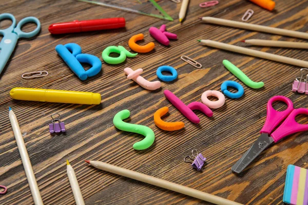 Text Back School Stationery Wooden Background — Stock Photo, Image