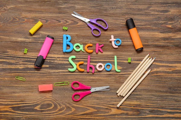 Text Back School Stationery Wooden Background — Stock Photo, Image