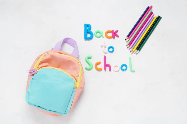 Text Back School Backpack Pencils Light Background — Stock Photo, Image