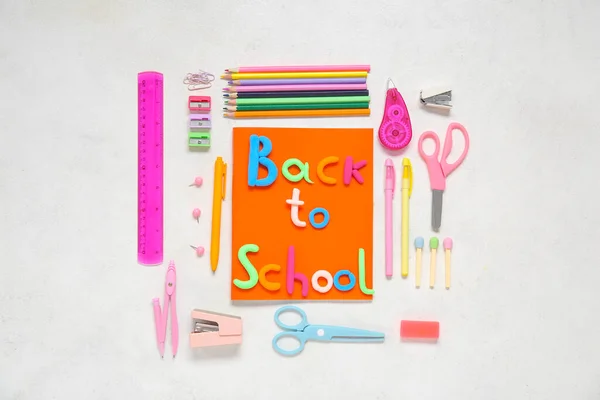 Text Back School Stationery Light Background — Stock Photo, Image