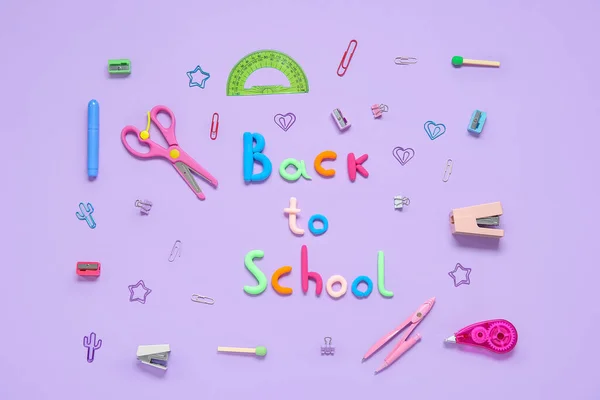 Text Back School Stationery Lilac Background — Stock Photo, Image
