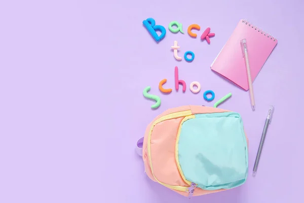 Text Back School Backpack Stationery Lilac Background — Stock Photo, Image