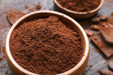 Tahta zemin üzerinde kakao tozu olan bir kase.