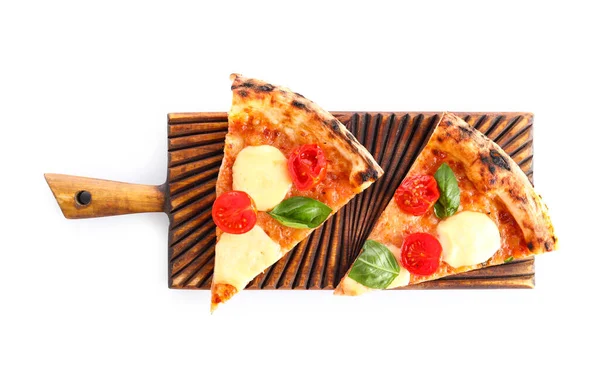 Tavola Legno Con Fette Gustosa Pizza Margarita Sfondo Bianco — Foto Stock