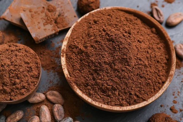 Tálak Kakaópor Bab Csokoládé Fekete Alapon — Stock Fotó