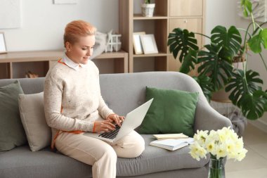 Bayan öğrenci evdeki kanepede dizüstü bilgisayarla ders çalışıyor.