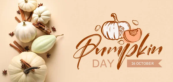 Different Pumpkins Beige Background Greeting Banner National Pumpkin Day — Stock Photo, Image