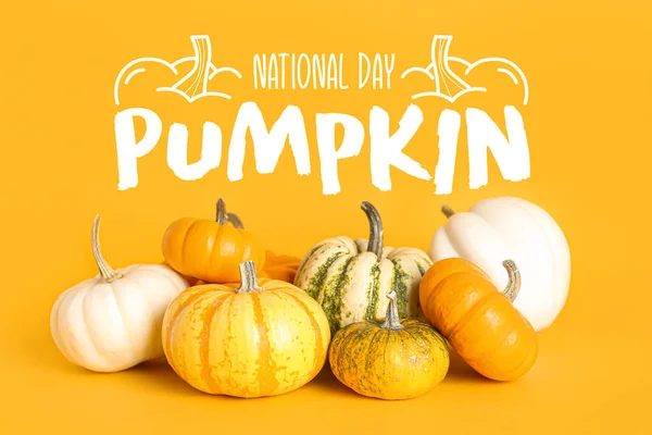 Heap Different Pumpkins Yellow Background National Pumpkin Day — Stock Photo, Image