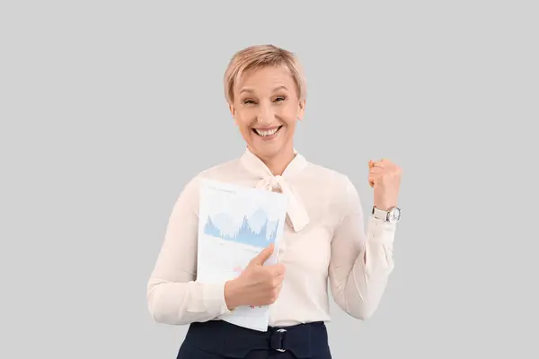 Happy Mature Businesswoman Documents Grey Background — Stock Photo, Image