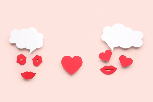 Paper Lips Hearts Blank Speech Bubbles Pink Background — Stock Photo, Image