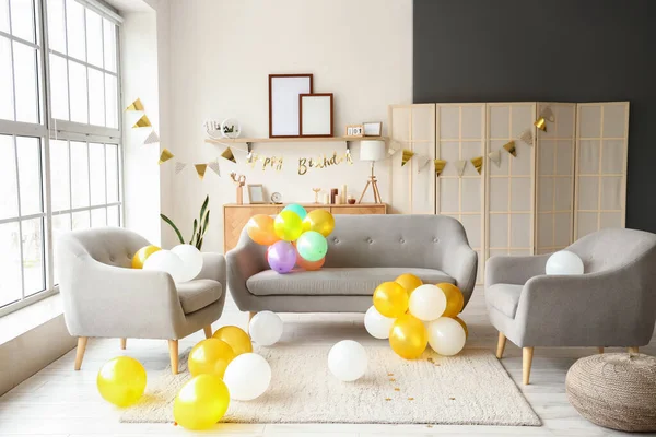 Interior of living room decorated for Birthday party