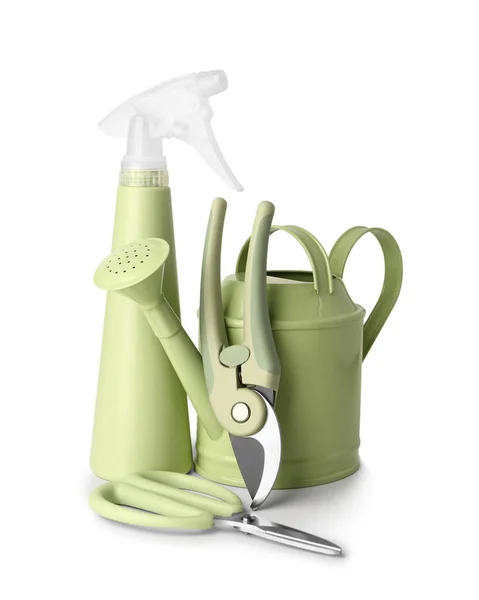 Watering Can Atomizer Floral Scissors Secateurs White Background — Stock Photo, Image