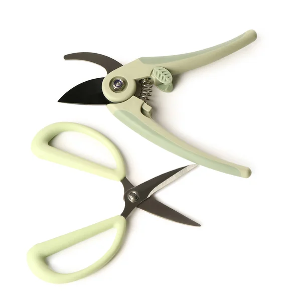 Floral Scissors Secateurs Green Handle White Background — Stock Photo, Image