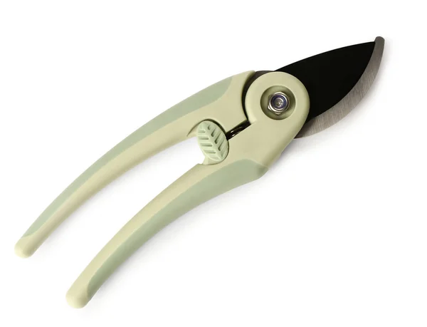 Metal Secateurs Green Handle White Background — Stock Photo, Image