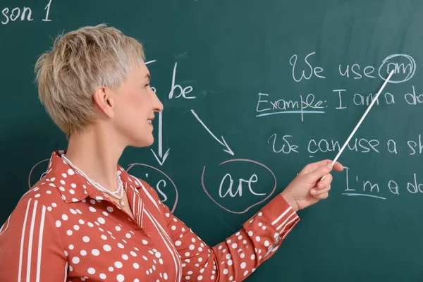 Vrouwelijke Leraar Engels Die Grammatica Les Geeft Klas — Stockfoto