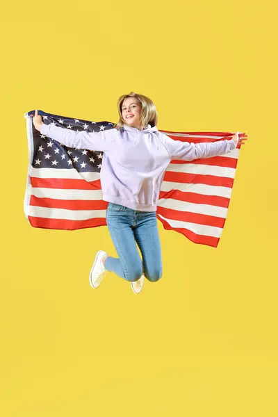 Teenage Girl Usa Flag Jumping Yellow Background — Stock Photo, Image
