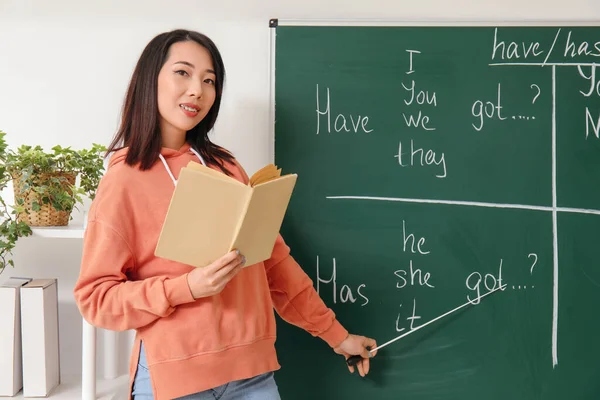 Englischlehrerin Mit Buch Leitet Grammatikstunde Klassenzimmer — Stockfoto