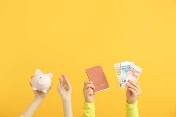 Female Hands Passport Money Piggy Bank Orange Background Travel Concept — Stock Photo, Image