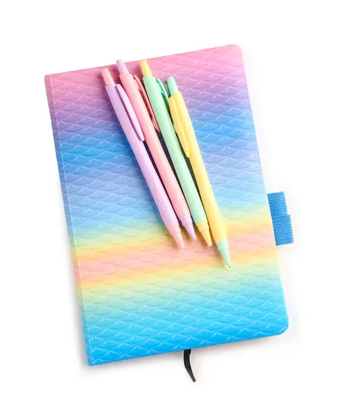 Notebook Penne Colorate Sfondo Bianco — Foto Stock