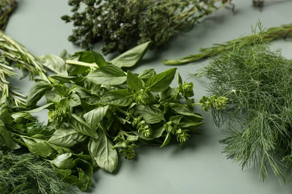 Assortment Fresh Aromatic Herbs Color Background Closeup — Stock Photo, Image