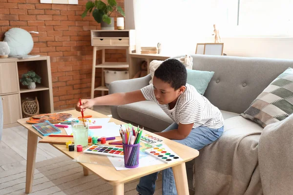 Little African American Boy Drawing Home — Stock Photo, Image