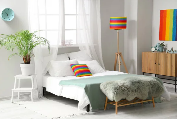 Interior Bedroom Rainbow Pillow Lamp Painting — Stock Photo, Image