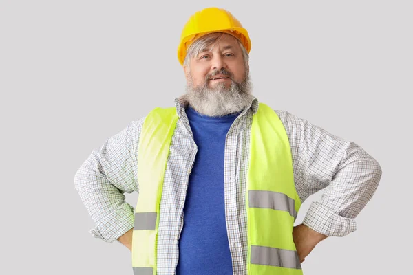Portrait Senior Man Hardhat Grey Background Labor Day Celebration — Stock Photo, Image