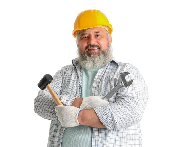 Portrait Senior Man Hardhat Mallet Wrench Isolated White Background Labor — Stock Photo, Image