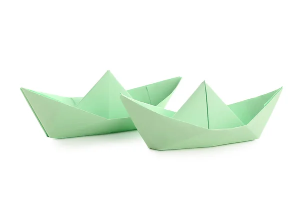 Barcos Origami Verde Fundo Branco — Fotografia de Stock