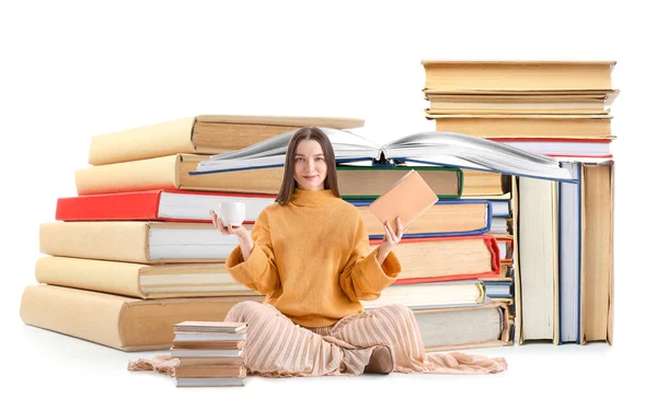 Young Woman Coffee Many Big Books White Background — Stock Photo, Image