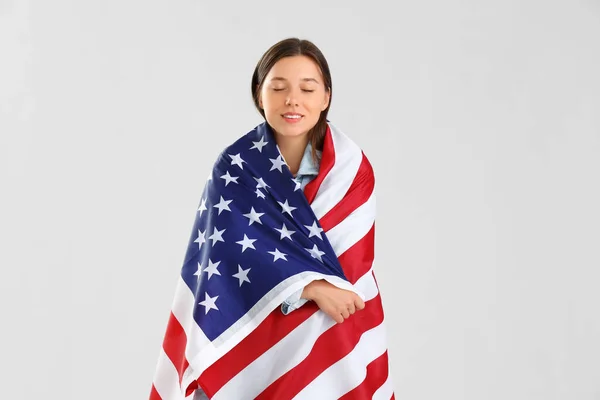 Beautiful Young Woman Usa Flag Light Background Royalty Free Stock Images