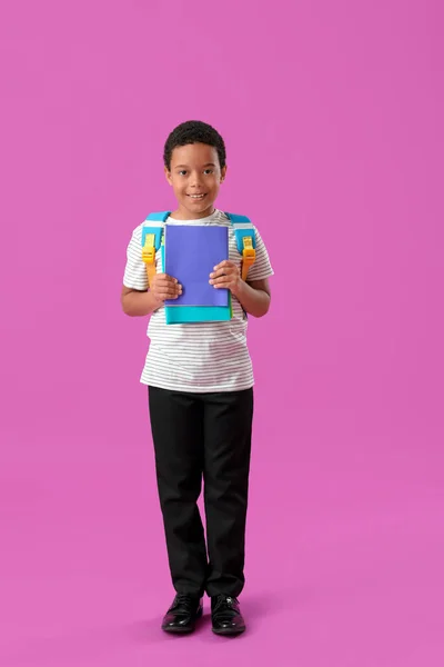Little African American Schoolboy Stylish Uniform Notebooks Purple Background — Stock Photo, Image