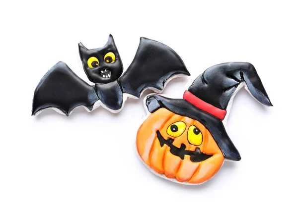 Sabrosas Galletas Forma Calabaza Murciélago Para Celebración Halloween Sobre Fondo — Foto de Stock