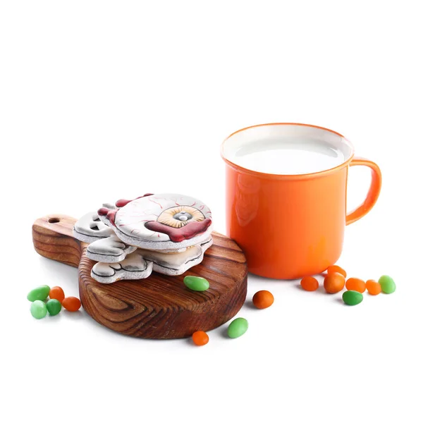 Board Tasty Cookies Candies Cup Milk Halloween Celebration White Background — Stock Photo, Image
