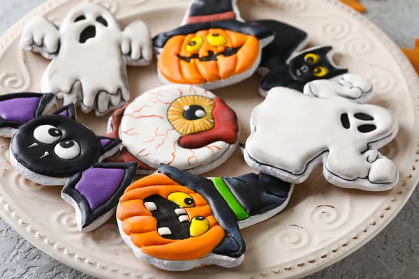 Plate Tasty Cookies Halloween Celebration Grey Background — Stock Photo, Image